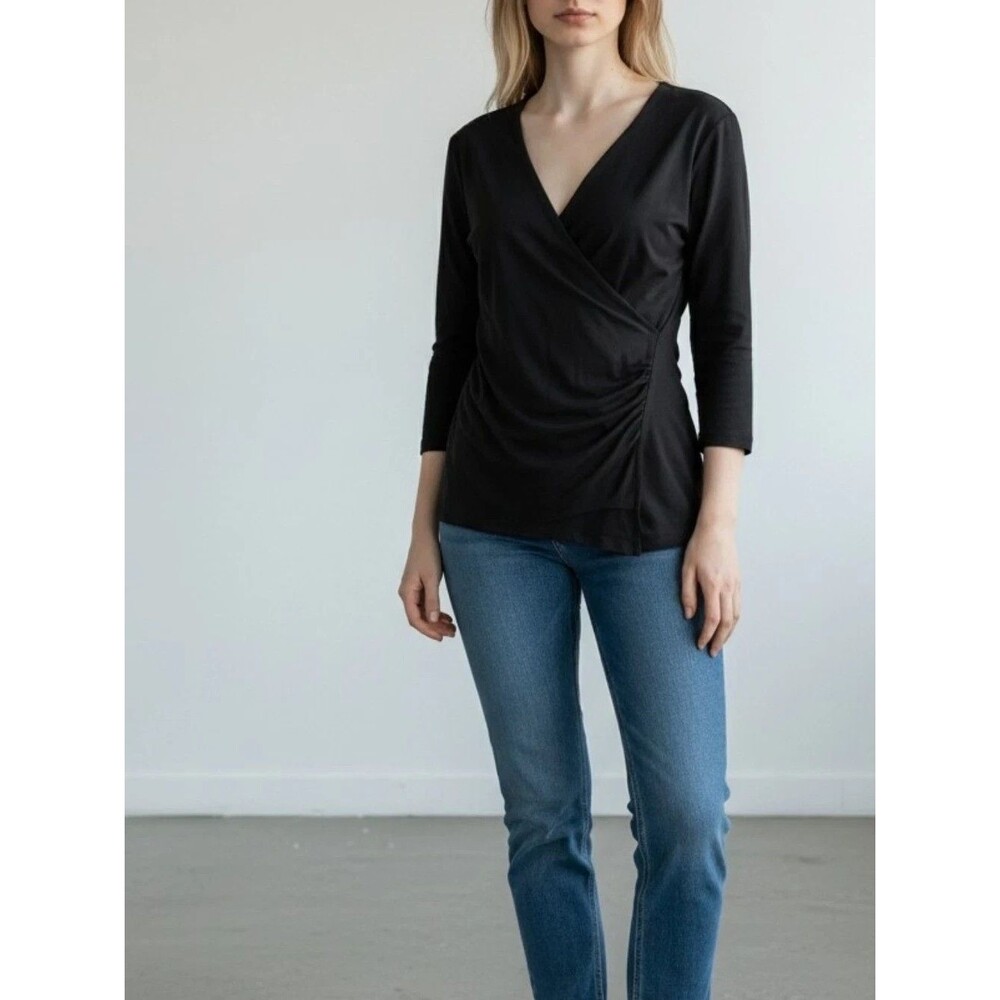 Soft Surroundings Faux Wrap Black Pima Cotton Modal Ruched Top Womens PS